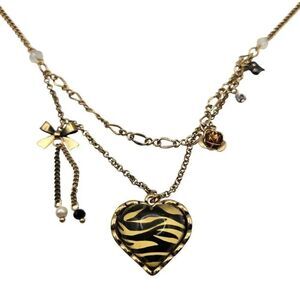 Vintage Y2K Betsey Johnson Jungle Fever Zebra Gold Heart Charm Necklace 20"